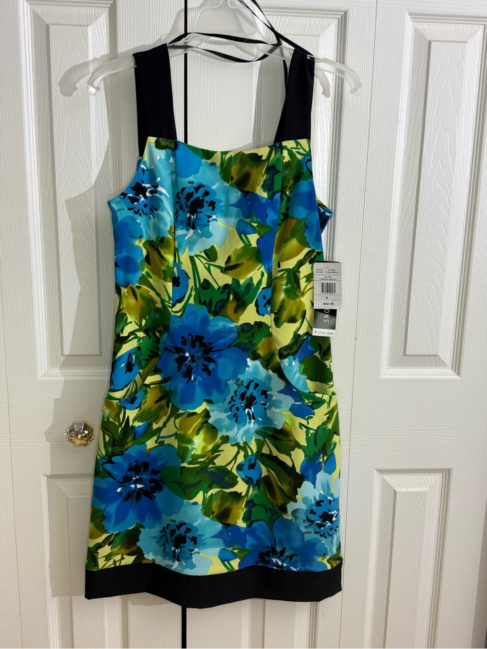 Floral Blue & Green Mini Dress with Black Trim